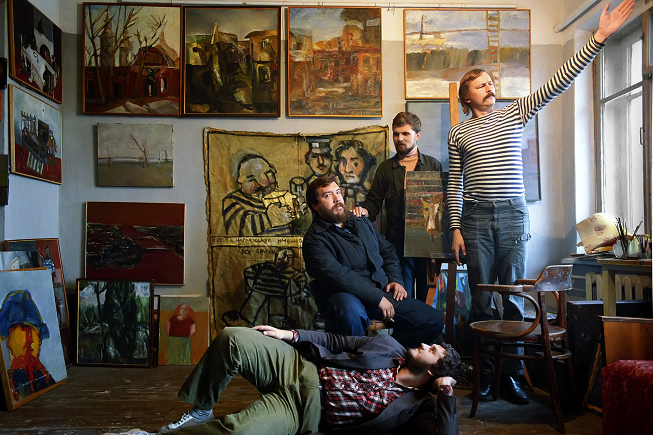 Dmitry Shagin (L), leader of the Mitki artistic movement, in a studio with his associates. Source: Igor Mikhalev/RIA Novosti