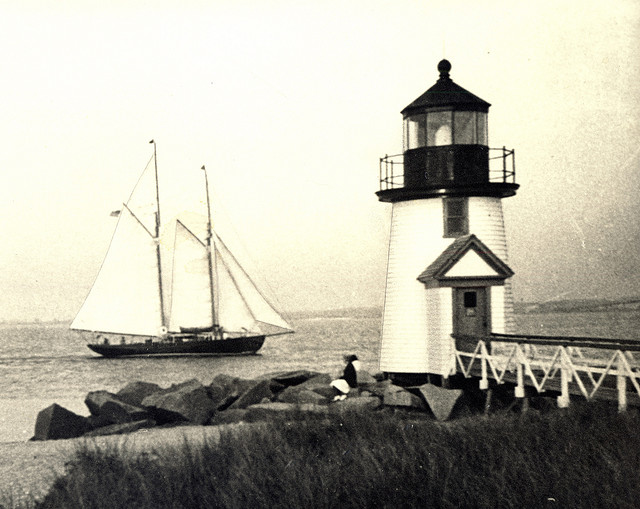 Brant Point Lighthouse, c. 1940. The ninth Brant Point Lighthouse was built in 1901 and remains there today. Photo by James Barker. Source: Nantucket Historical Association